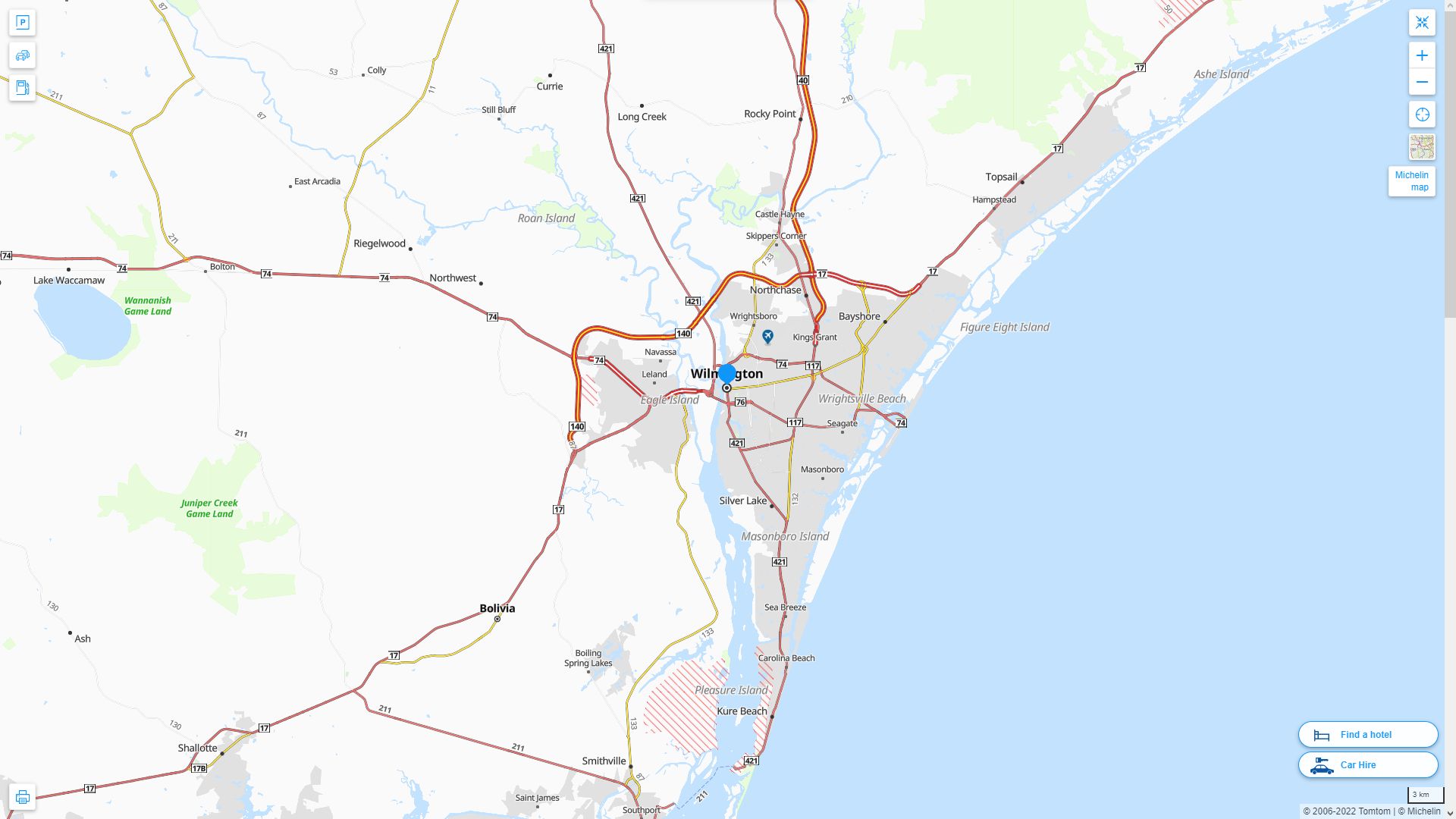 Wilmington North Carolina Highway and Road Map